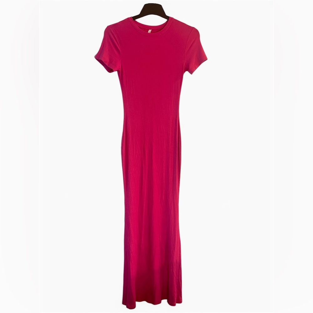 Reoria Hot Pink Ribbed Bodycon Maxi Dress Short Sleeve Size L